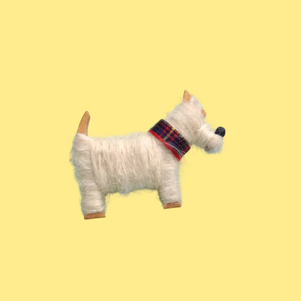 Artisan Brooch Scottish Shetland Wool, Tartan Plaid + Wood Scottie Terrier Dog